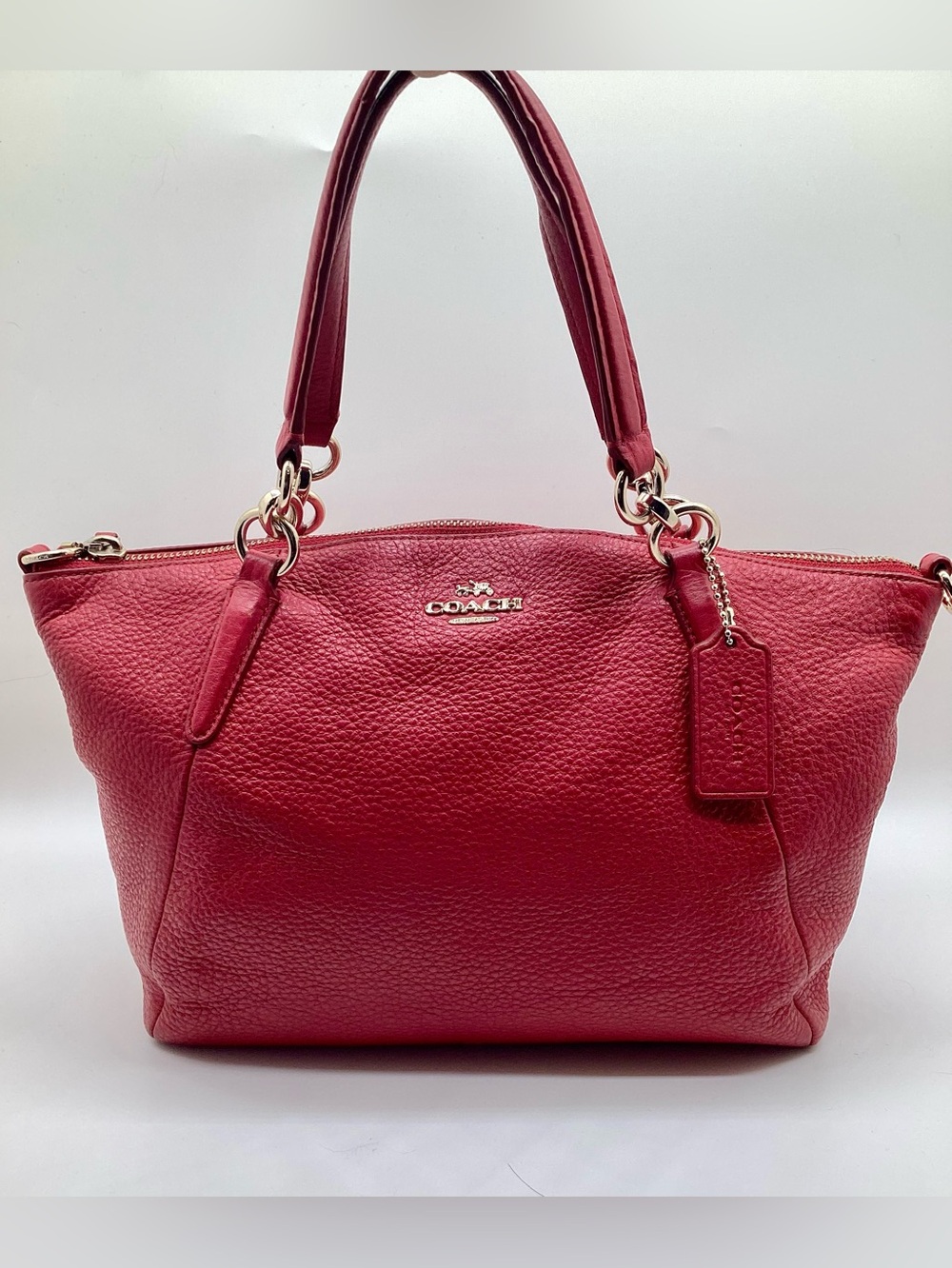 Classy Vibrant Red Coach Pebbled Leather Tote with Gold Hardware
